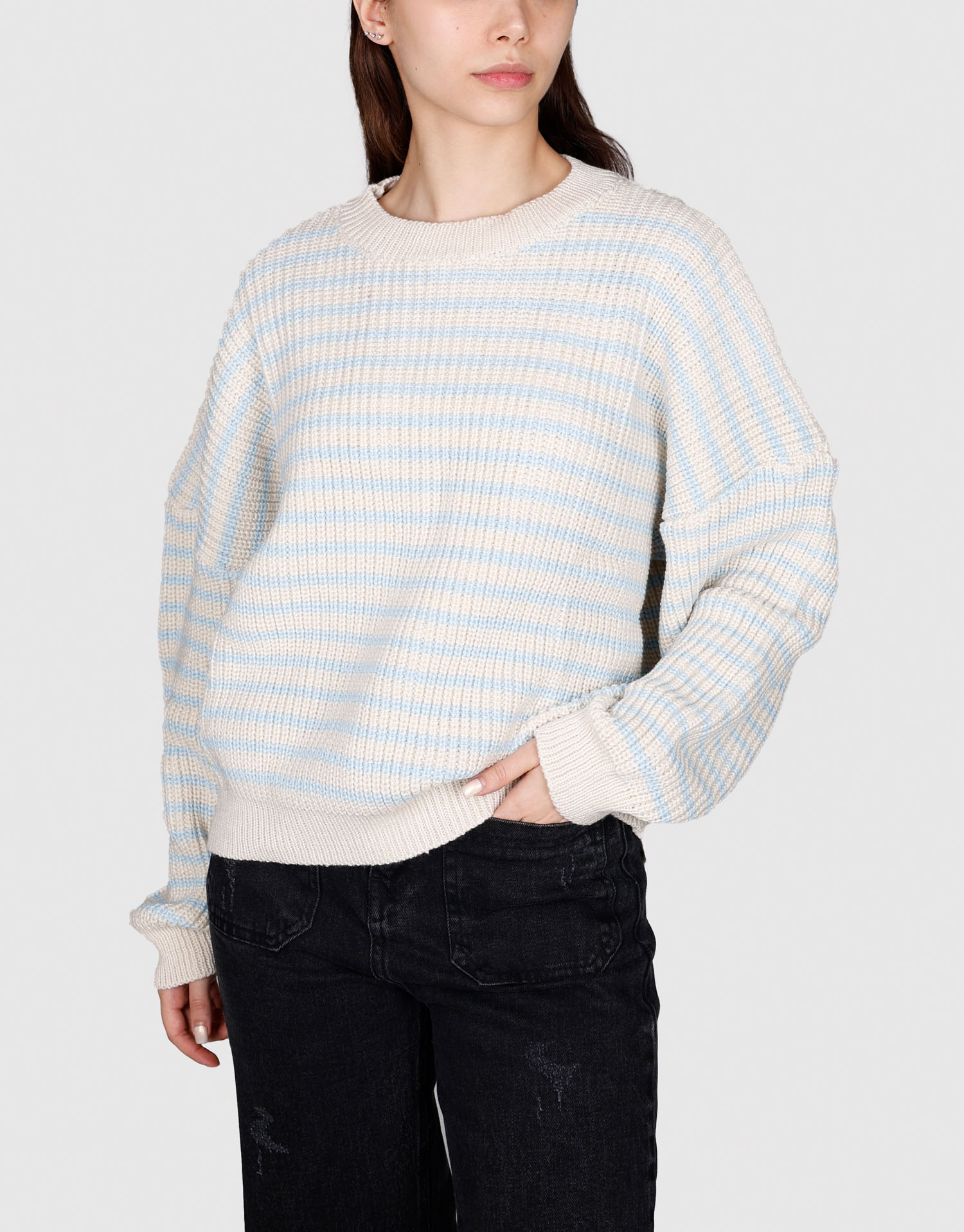 بلوز بافت راه راه شیری آبی