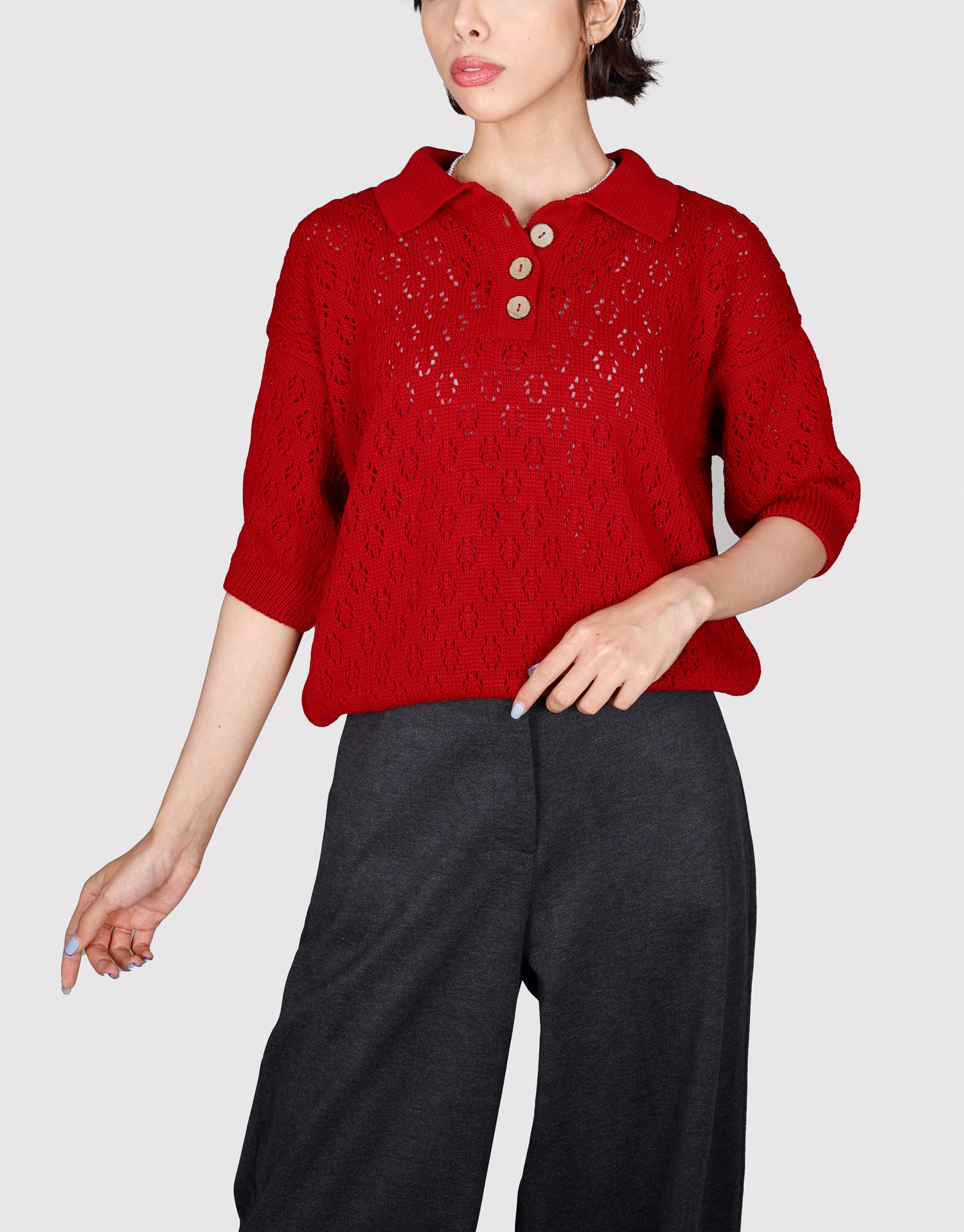 بلوز بافت سه دکمه قرمز