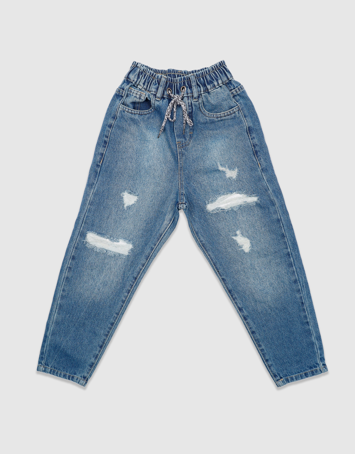 شلوار مام استایل کمرکش آبی تیره 14-10 سال