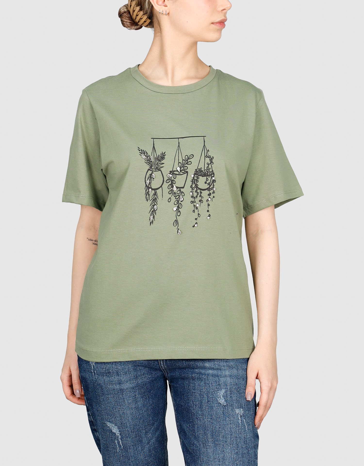 تیشرت نگین گلدان سبز ارتشی