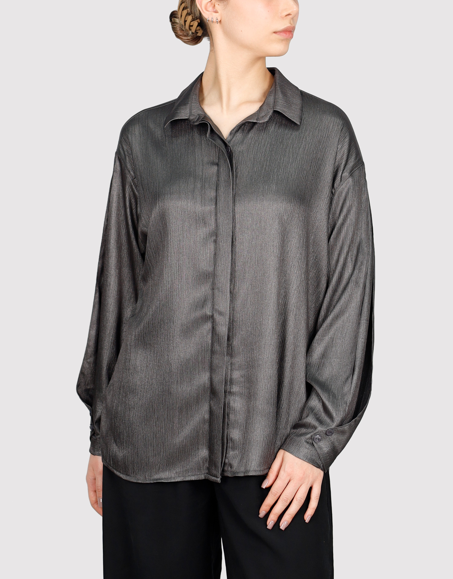 شومیز آستین پیلی دار طوسی تیره