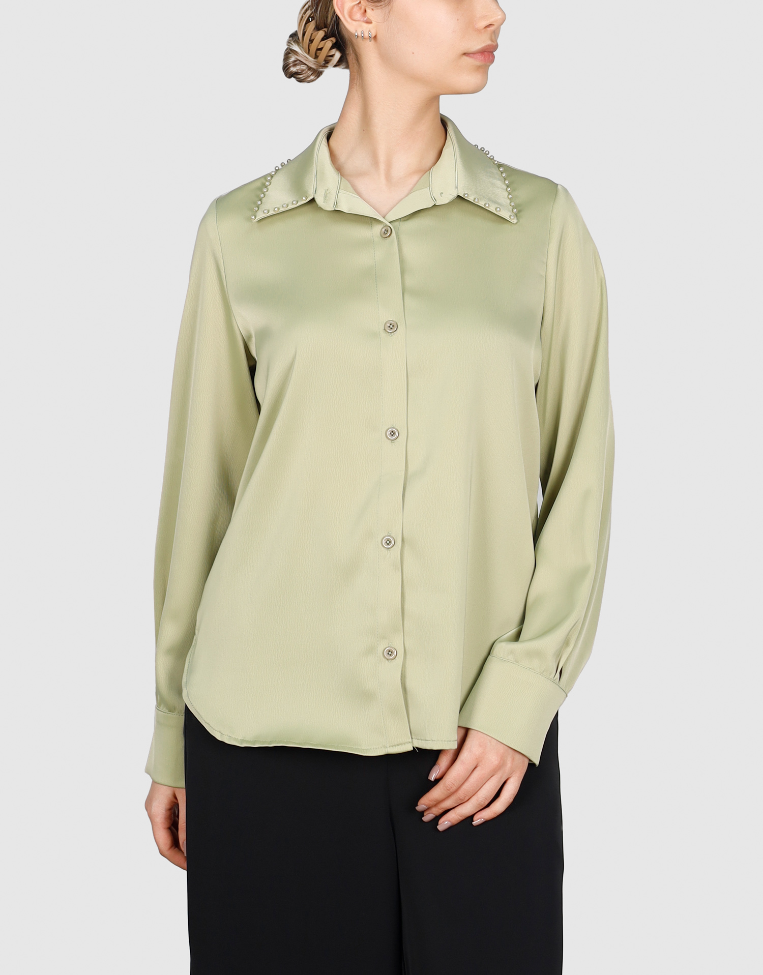 شومیز یقه مرواریدی زیتونی